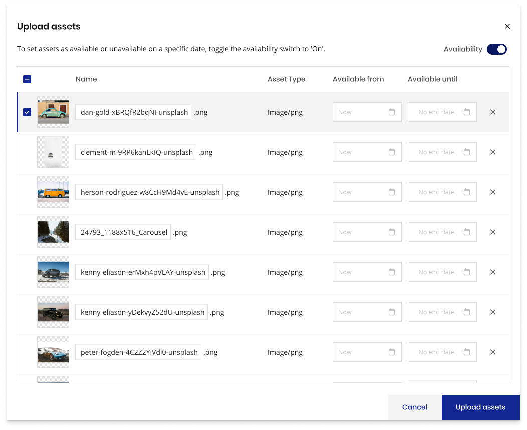 Upload assets modal with availability toggled on